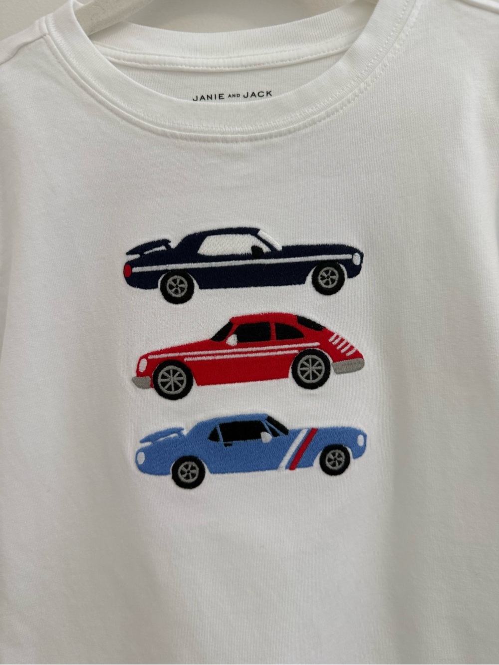 Janie and Jack Boys Size 6 White Tee with Black, Red & Blue Race Car Appliqués - Picture 2 of 3